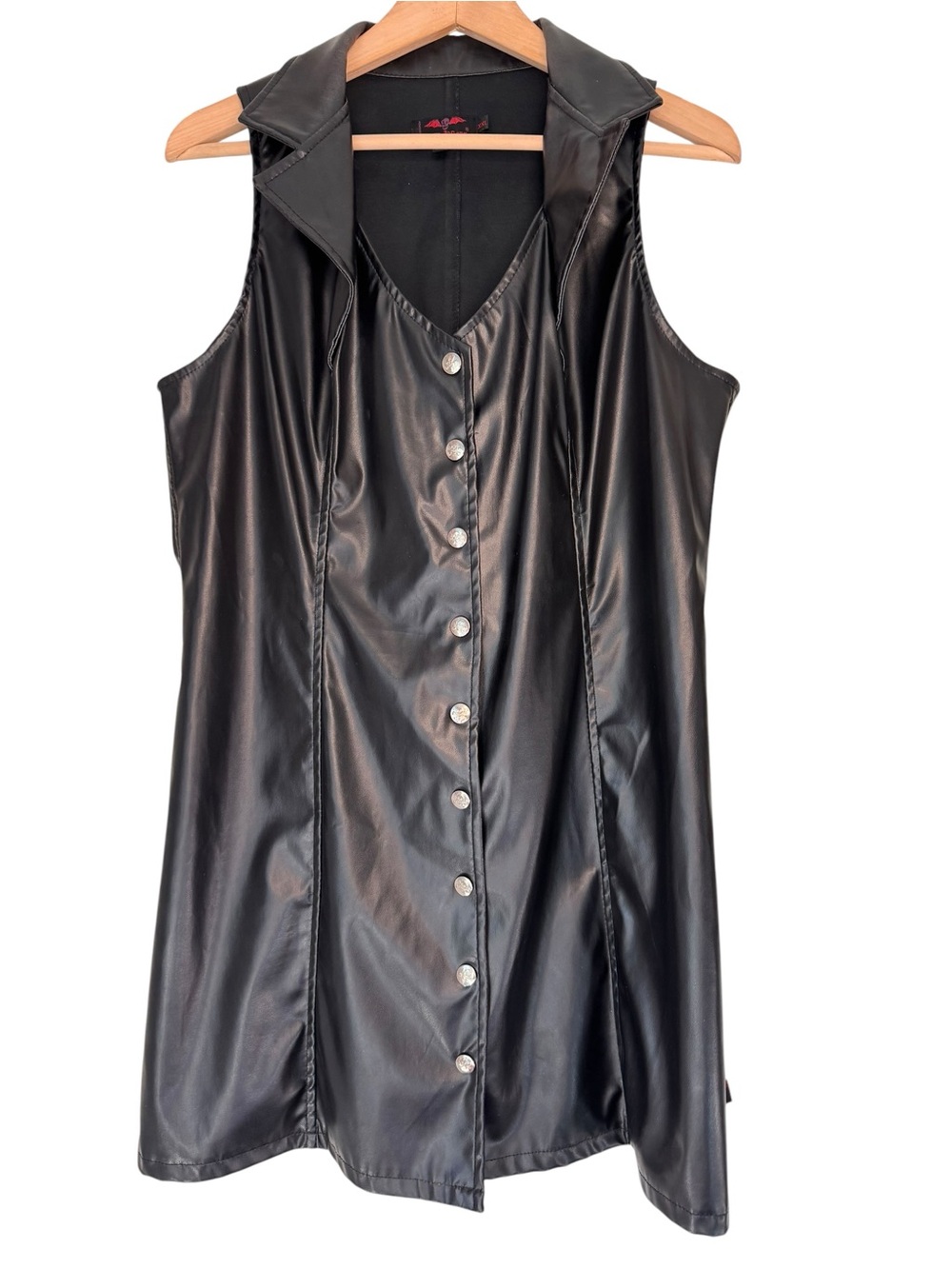Tripp NYC VTG Bat Dress XXL Black Mini Faux Leather Skull Snap VM2539 Punk Goth